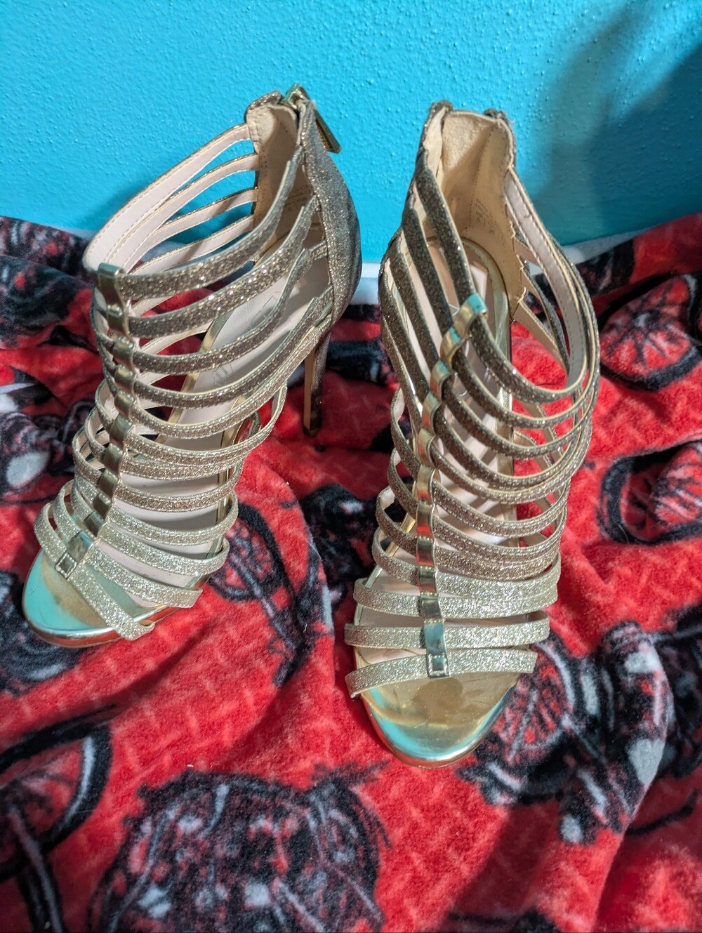 Gilded Goddess:‎ ALDO Gold Glitter Caged Stiletto Heels